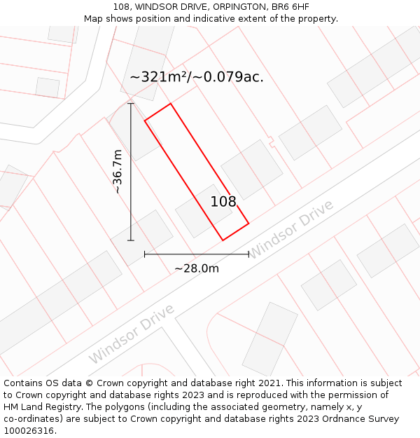 108, WINDSOR DRIVE, ORPINGTON, BR6 6HF: Plot and title map
