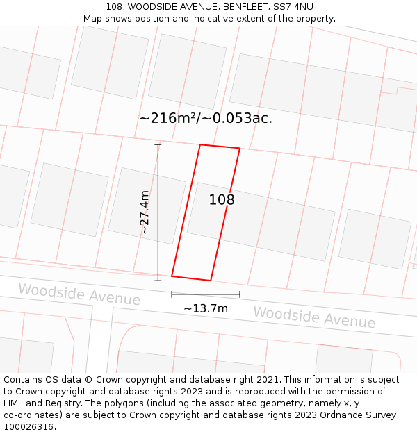 108, WOODSIDE AVENUE, BENFLEET, SS7 4NU: Plot and title map