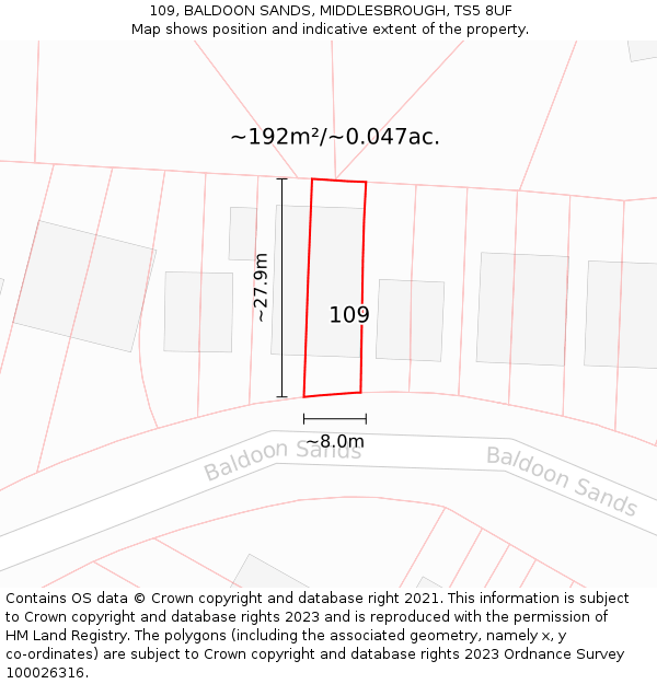 109, BALDOON SANDS, MIDDLESBROUGH, TS5 8UF: Plot and title map