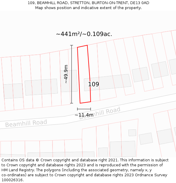 109, BEAMHILL ROAD, STRETTON, BURTON-ON-TRENT, DE13 0AD: Plot and title map