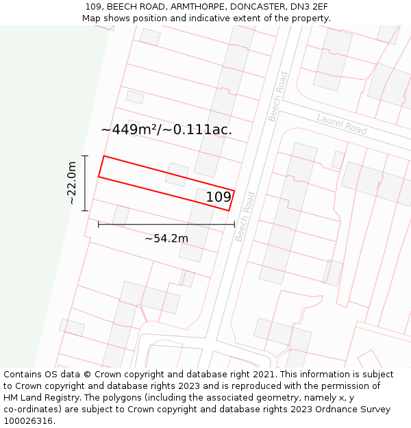 109, BEECH ROAD, ARMTHORPE, DONCASTER, DN3 2EF: Plot and title map