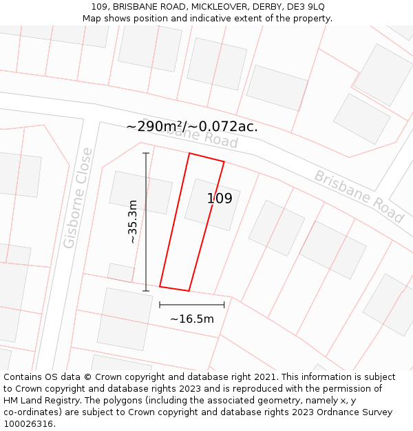 109, BRISBANE ROAD, MICKLEOVER, DERBY, DE3 9LQ: Plot and title map