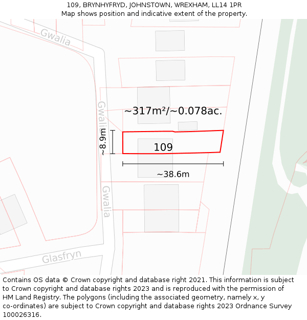 109, BRYNHYFRYD, JOHNSTOWN, WREXHAM, LL14 1PR: Plot and title map