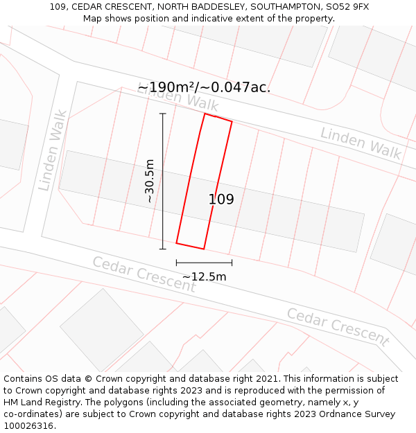 109, CEDAR CRESCENT, NORTH BADDESLEY, SOUTHAMPTON, SO52 9FX: Plot and title map