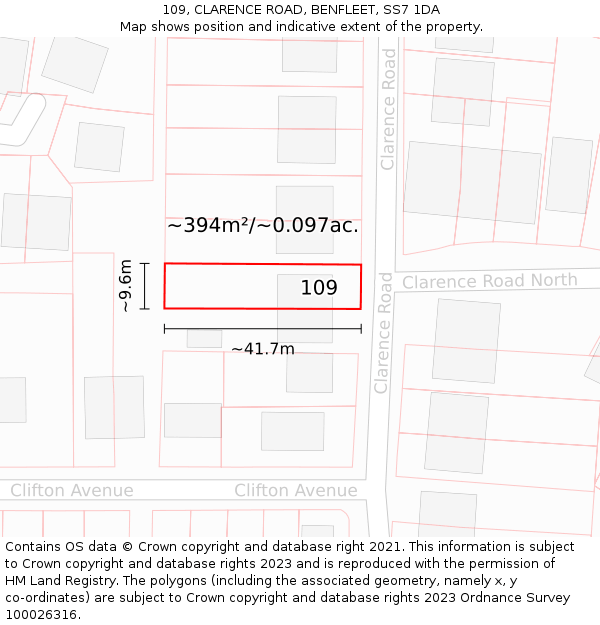 109, CLARENCE ROAD, BENFLEET, SS7 1DA: Plot and title map