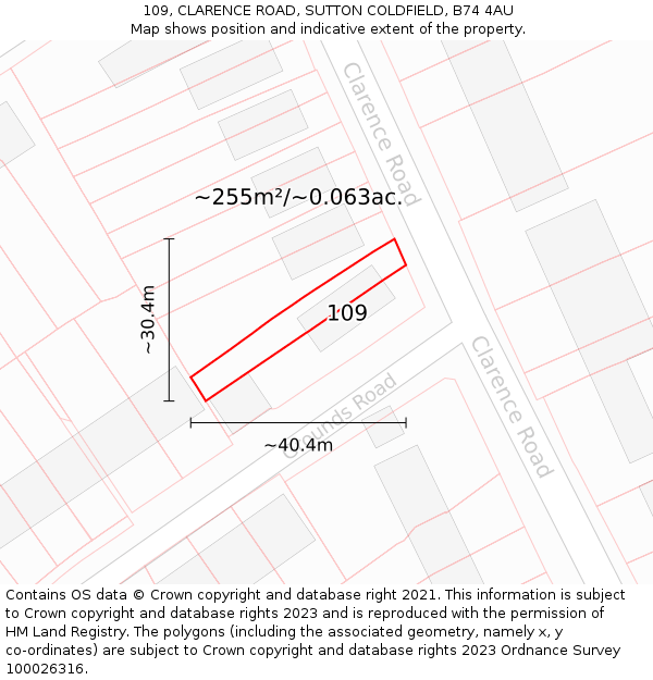 109, CLARENCE ROAD, SUTTON COLDFIELD, B74 4AU: Plot and title map