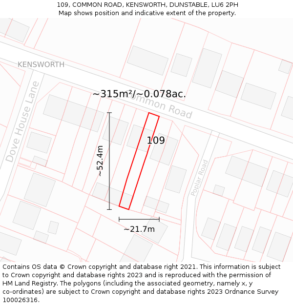 109, COMMON ROAD, KENSWORTH, DUNSTABLE, LU6 2PH: Plot and title map