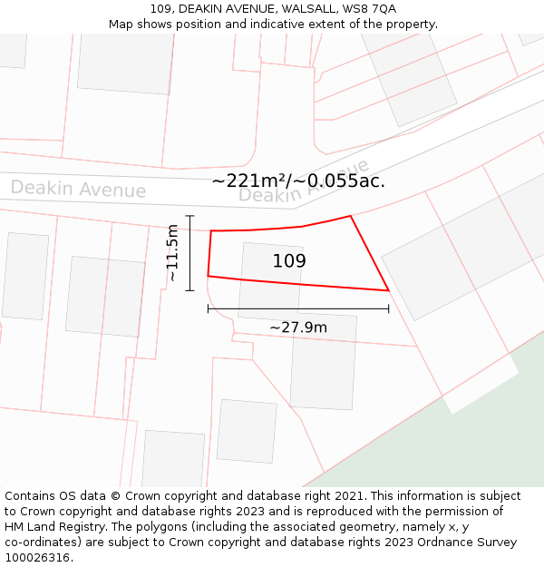 109, DEAKIN AVENUE, WALSALL, WS8 7QA: Plot and title map