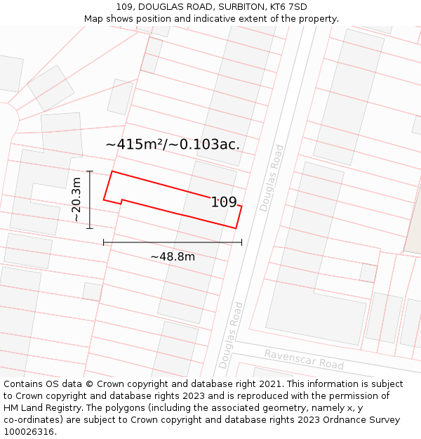 109, DOUGLAS ROAD, SURBITON, KT6 7SD: Plot and title map