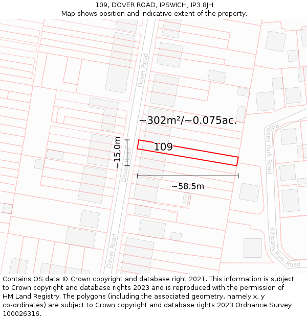 109, DOVER ROAD, IPSWICH, IP3 8JH: Plot and title map