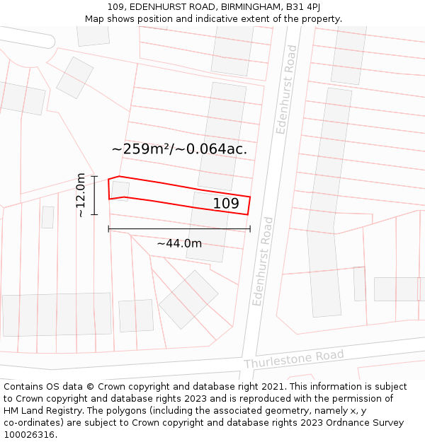 109, EDENHURST ROAD, BIRMINGHAM, B31 4PJ: Plot and title map
