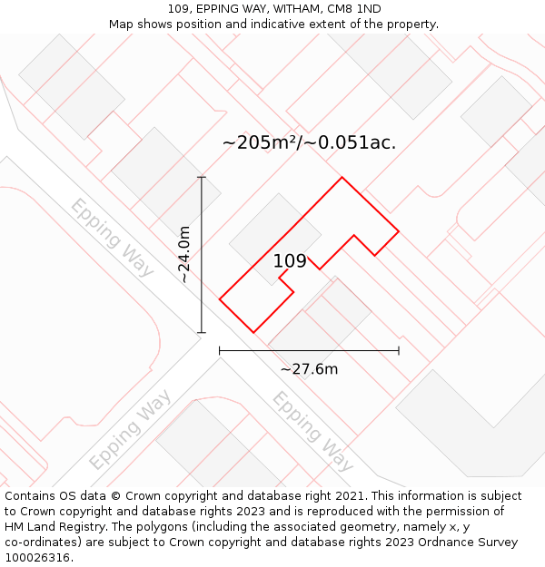 109, EPPING WAY, WITHAM, CM8 1ND: Plot and title map