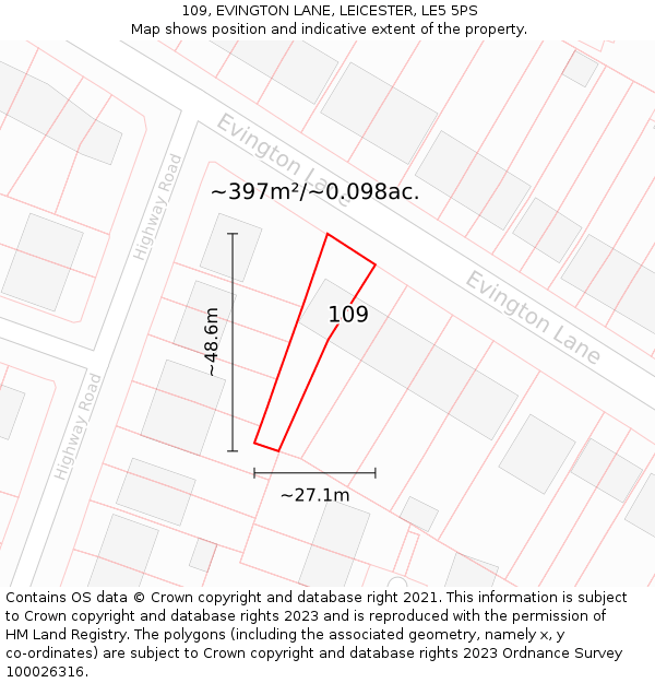 109, EVINGTON LANE, LEICESTER, LE5 5PS: Plot and title map