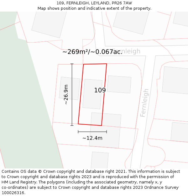 109, FERNLEIGH, LEYLAND, PR26 7AW: Plot and title map