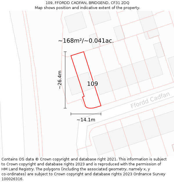 109, FFORDD CADFAN, BRIDGEND, CF31 2DQ: Plot and title map