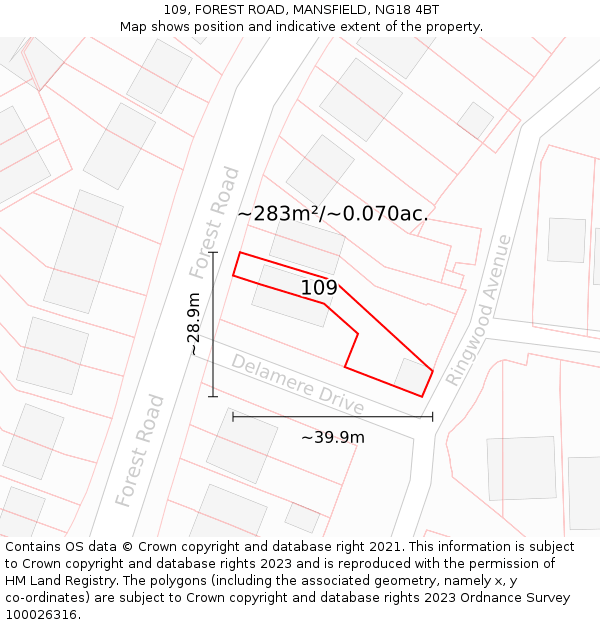 109, FOREST ROAD, MANSFIELD, NG18 4BT: Plot and title map