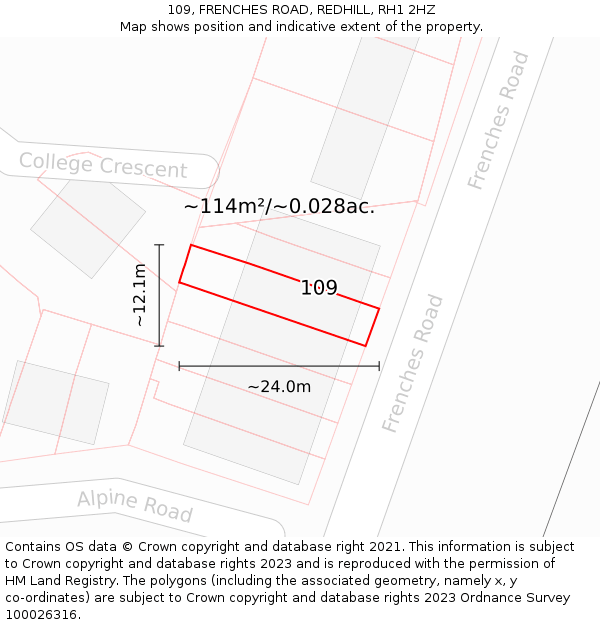 109, FRENCHES ROAD, REDHILL, RH1 2HZ: Plot and title map