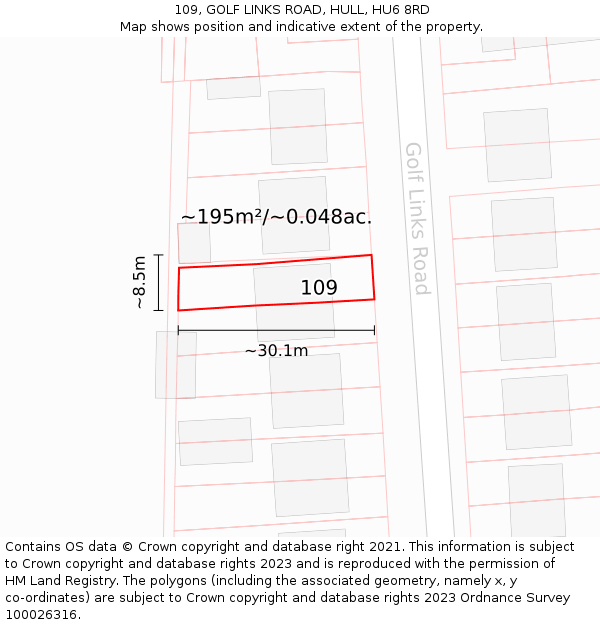 109, GOLF LINKS ROAD, HULL, HU6 8RD: Plot and title map