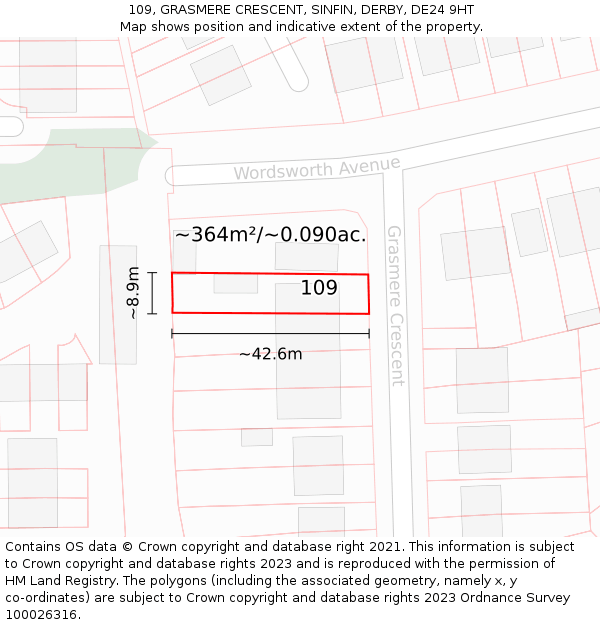 109, GRASMERE CRESCENT, SINFIN, DERBY, DE24 9HT: Plot and title map