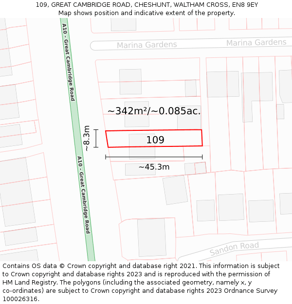 109, GREAT CAMBRIDGE ROAD, CHESHUNT, WALTHAM CROSS, EN8 9EY: Plot and title map