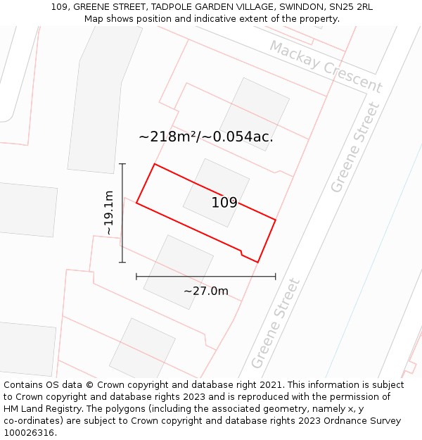 109, GREENE STREET, TADPOLE GARDEN VILLAGE, SWINDON, SN25 2RL: Plot and title map