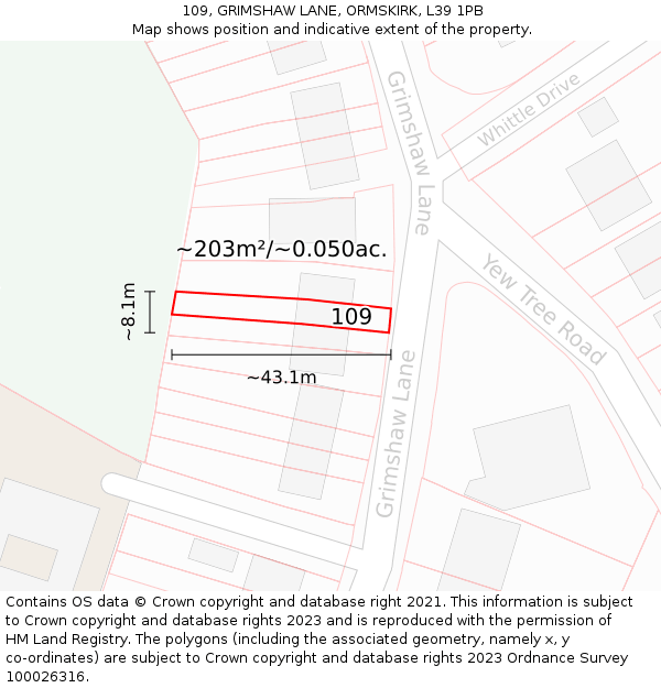 109, GRIMSHAW LANE, ORMSKIRK, L39 1PB: Plot and title map
