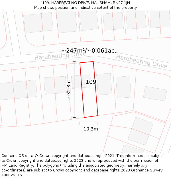 109, HAREBEATING DRIVE, HAILSHAM, BN27 1JN: Plot and title map