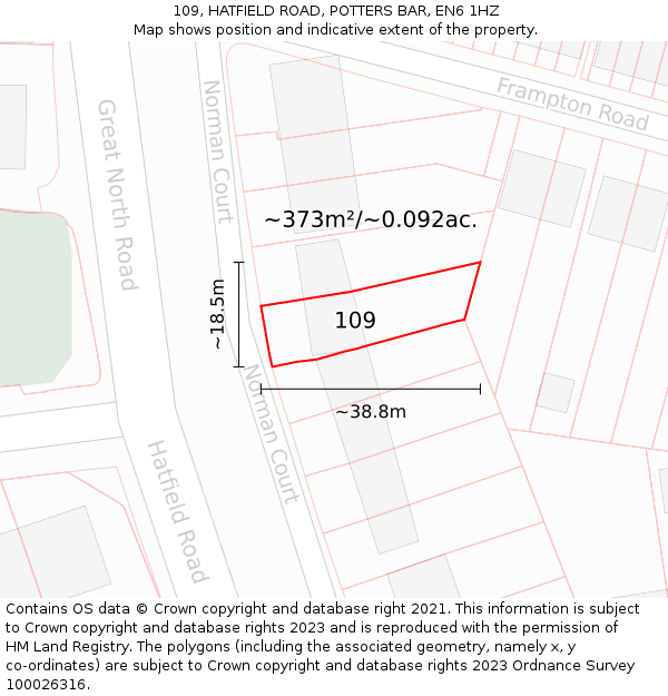 109, HATFIELD ROAD, POTTERS BAR, EN6 1HZ: Plot and title map