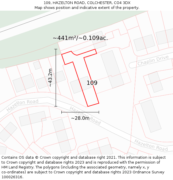 109, HAZELTON ROAD, COLCHESTER, CO4 3DX: Plot and title map