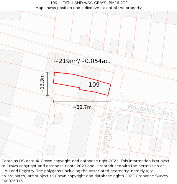 109, HEATHLAND WAY, GRAYS, RM16 2DF: Plot and title map