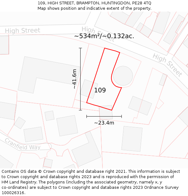 109, HIGH STREET, BRAMPTON, HUNTINGDON, PE28 4TQ: Plot and title map