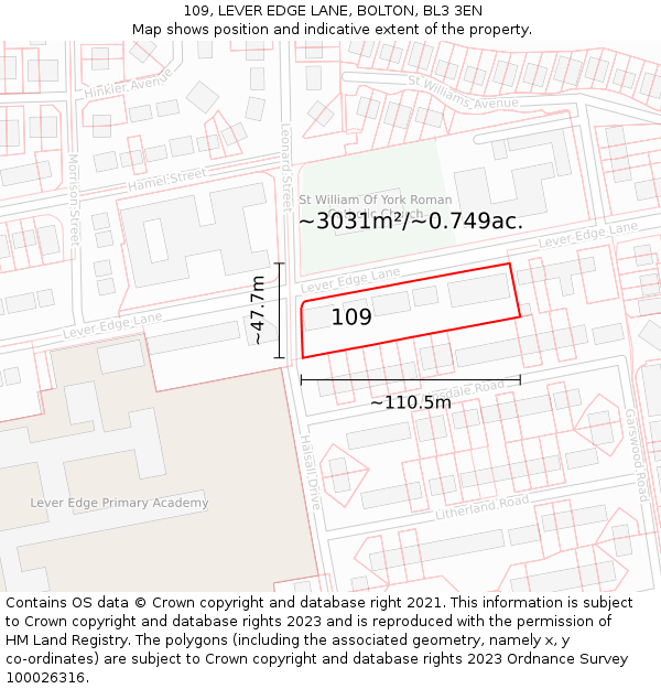 109, LEVER EDGE LANE, BOLTON, BL3 3EN: Plot and title map