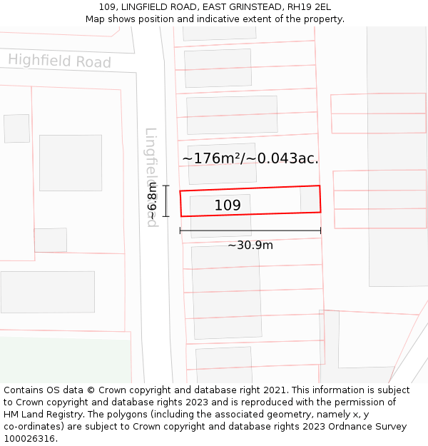 109, LINGFIELD ROAD, EAST GRINSTEAD, RH19 2EL: Plot and title map