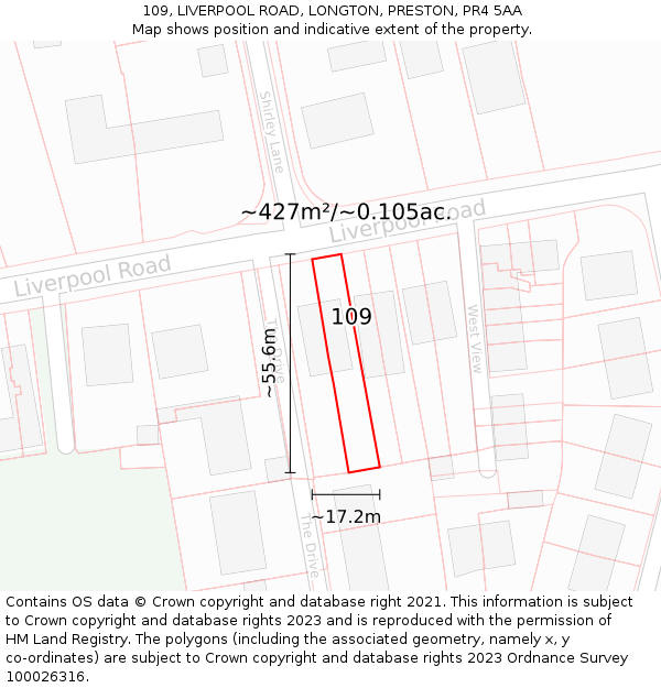 109, LIVERPOOL ROAD, LONGTON, PRESTON, PR4 5AA: Plot and title map