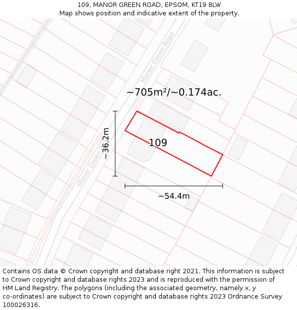 109, MANOR GREEN ROAD, EPSOM, KT19 8LW: Plot and title map