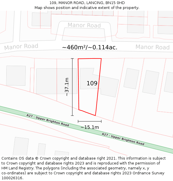 109, MANOR ROAD, LANCING, BN15 0HD: Plot and title map