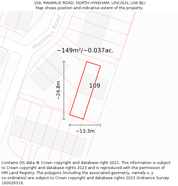 109, MAXIMUS ROAD, NORTH HYKEHAM, LINCOLN, LN6 8JU: Plot and title map