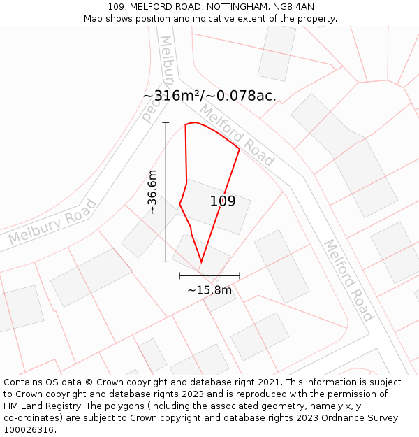 109, MELFORD ROAD, NOTTINGHAM, NG8 4AN: Plot and title map