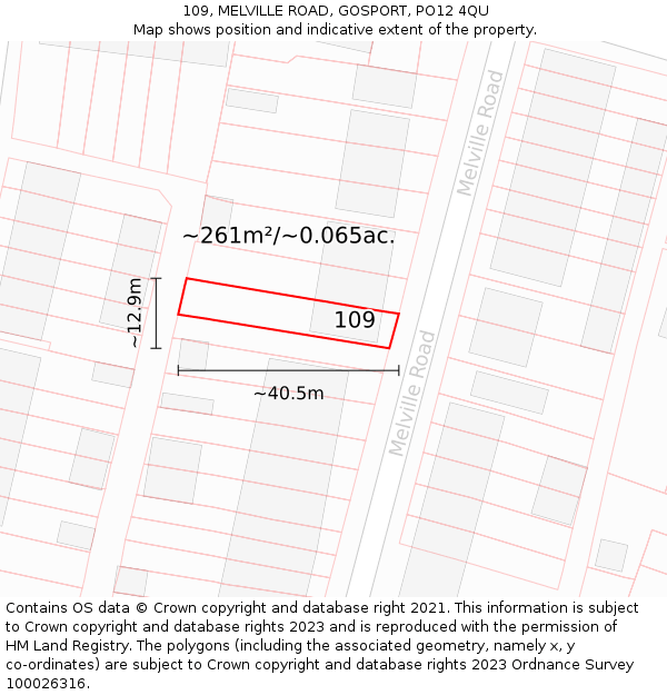 109, MELVILLE ROAD, GOSPORT, PO12 4QU: Plot and title map