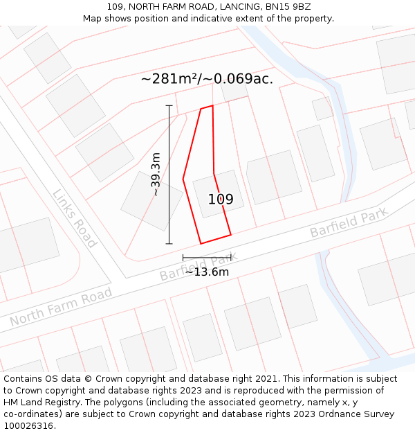 109, NORTH FARM ROAD, LANCING, BN15 9BZ: Plot and title map