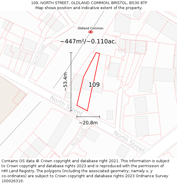 109, NORTH STREET, OLDLAND COMMON, BRISTOL, BS30 8TP: Plot and title map