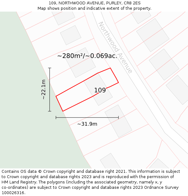 109, NORTHWOOD AVENUE, PURLEY, CR8 2ES: Plot and title map