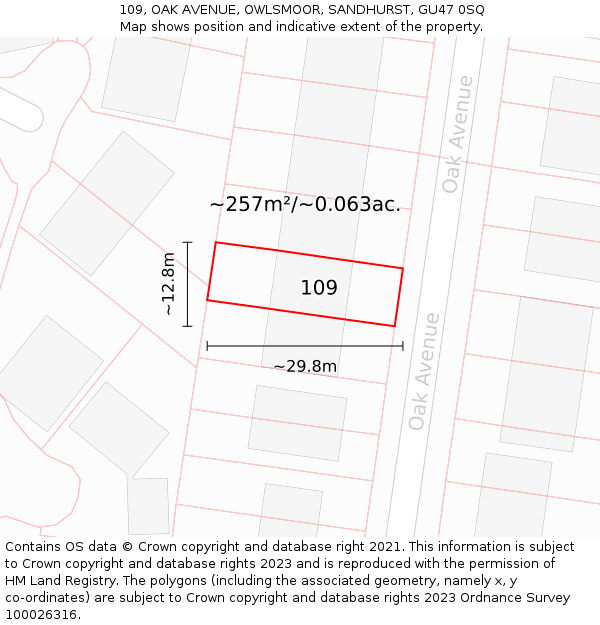 109, OAK AVENUE, OWLSMOOR, SANDHURST, GU47 0SQ: Plot and title map