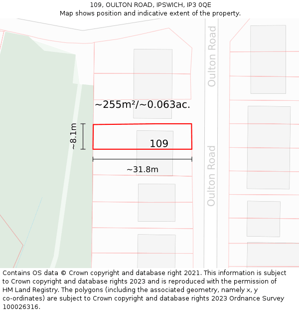 109, OULTON ROAD, IPSWICH, IP3 0QE: Plot and title map