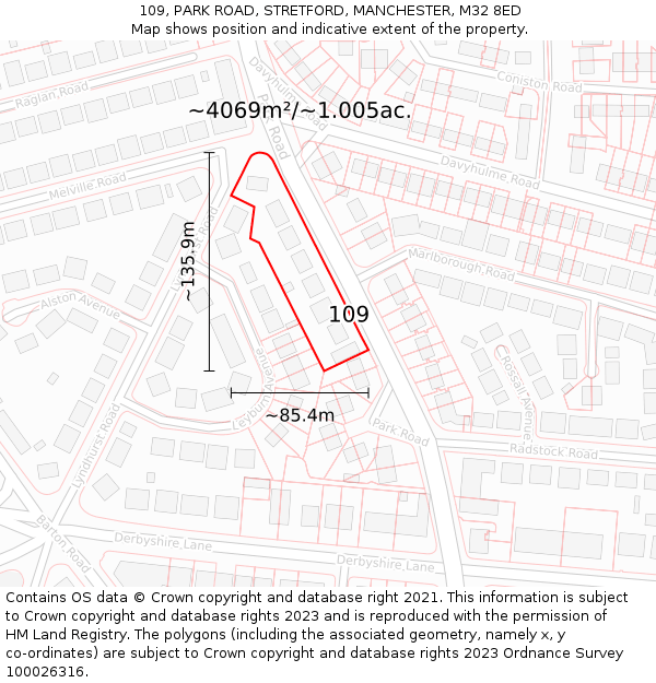 109, PARK ROAD, STRETFORD, MANCHESTER, M32 8ED: Plot and title map