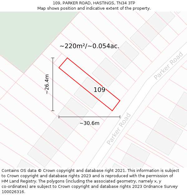 109, PARKER ROAD, HASTINGS, TN34 3TP: Plot and title map