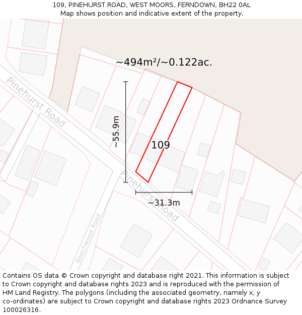 109, PINEHURST ROAD, WEST MOORS, FERNDOWN, BH22 0AL: Plot and title map