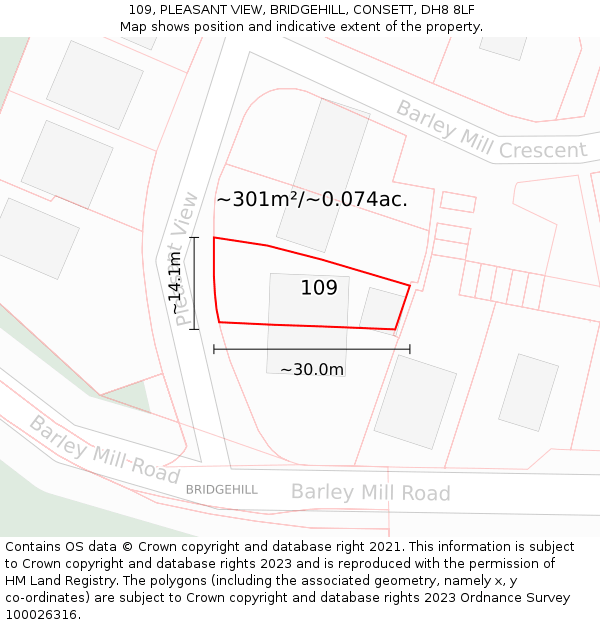109, PLEASANT VIEW, BRIDGEHILL, CONSETT, DH8 8LF: Plot and title map
