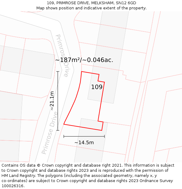 109, PRIMROSE DRIVE, MELKSHAM, SN12 6GD: Plot and title map