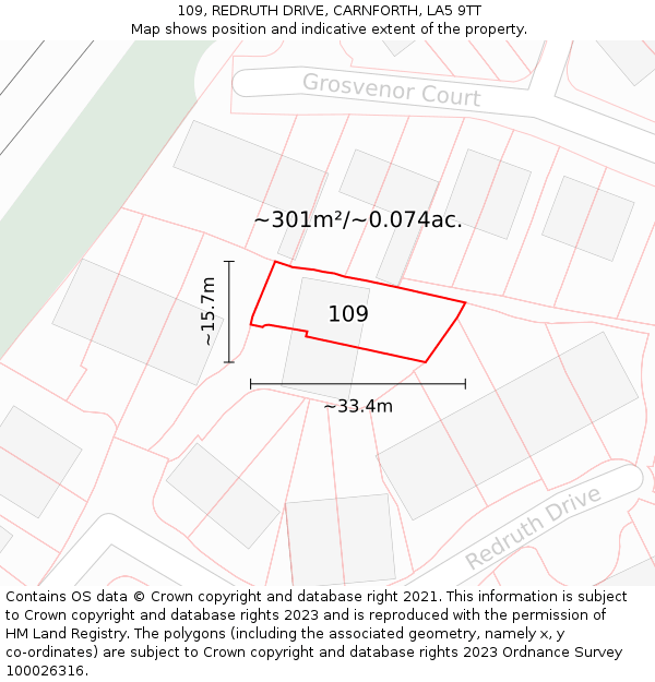 109, REDRUTH DRIVE, CARNFORTH, LA5 9TT: Plot and title map